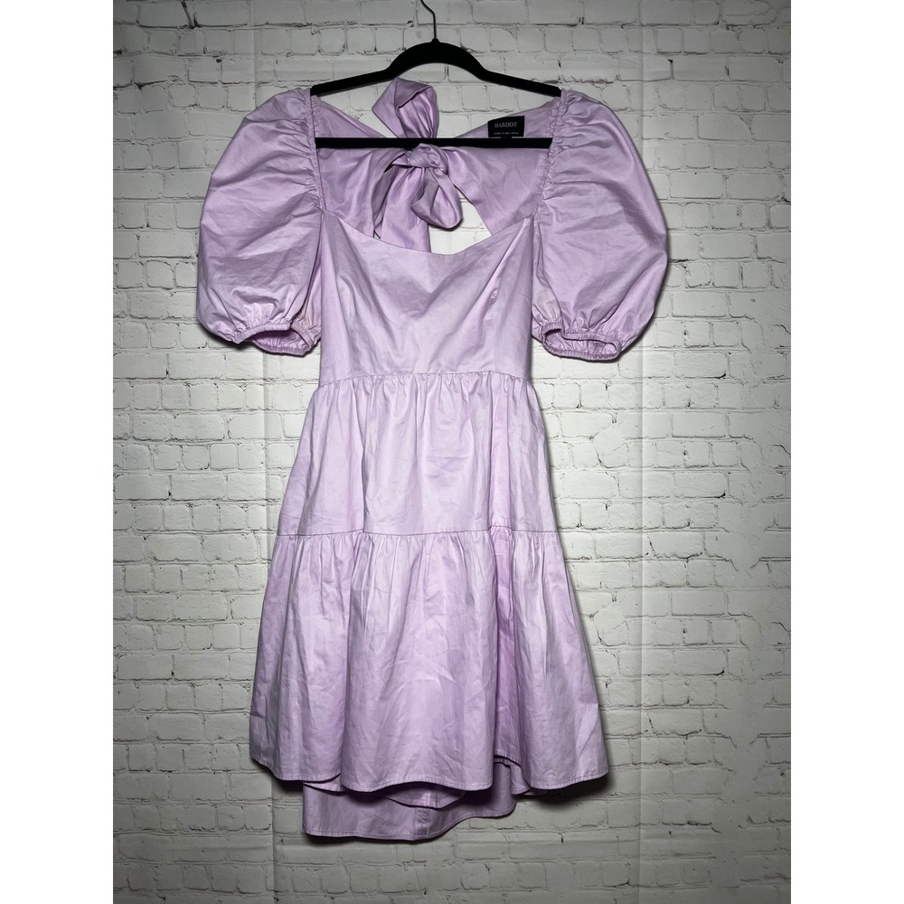 BARDOT Lavender Puff‎ Sleeve Tiered Mini Dress Open Back Wedding Guest Size 6 SM - Picture 5 of 9